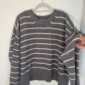 a.n.a Gray and White Crew Neck Sweater with Stripes